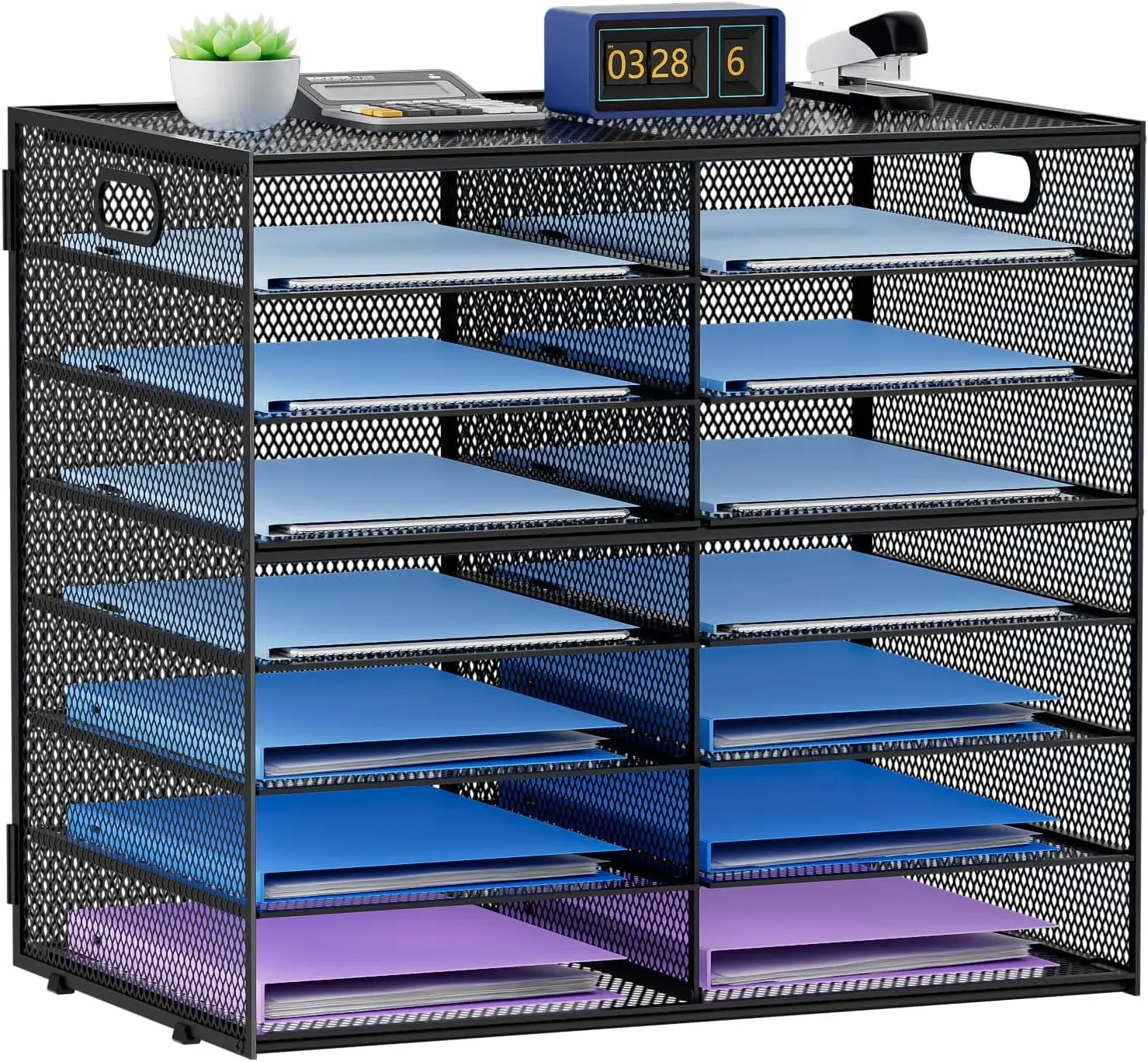 

14 Compartments Paper Organizer for Desk, Mesh Literature Sorter with Handle, File Tray for Office Home, Black