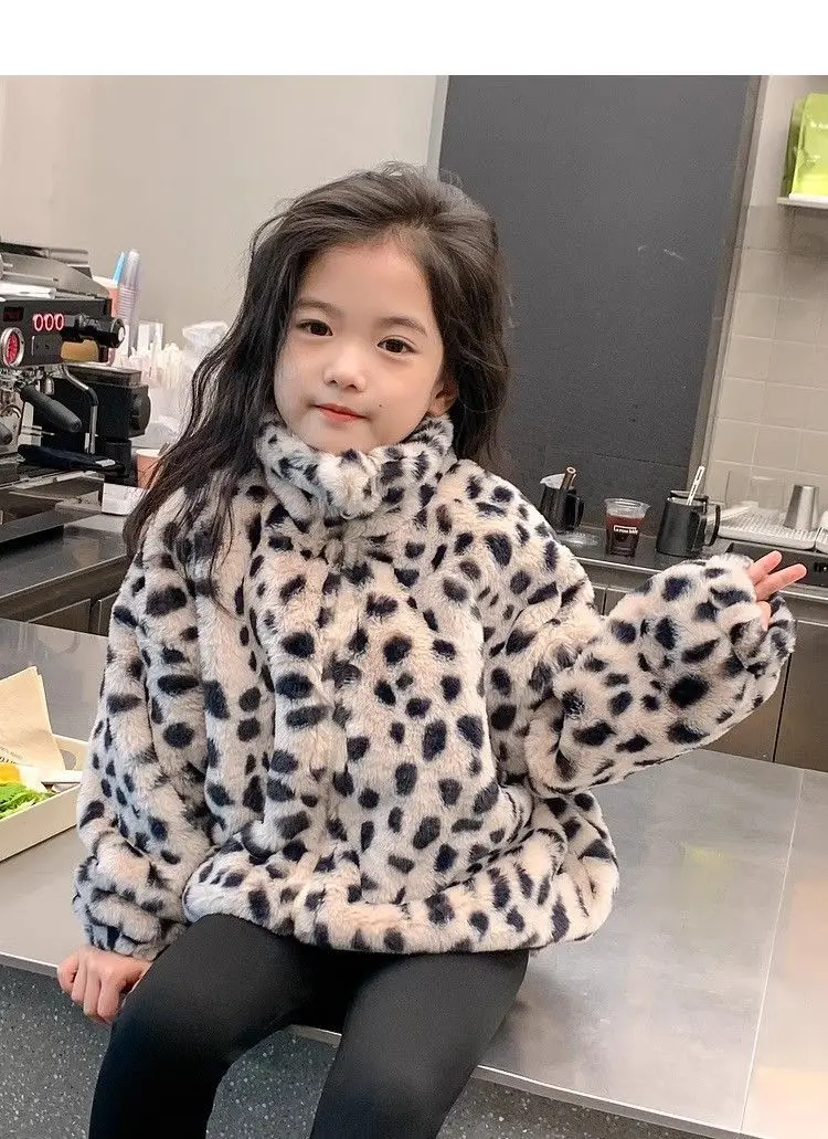Faux Rabbit Fur Coats Children Jacket Leopard Print Pocket Stand Collar Long Sleeve Coved Button Loose Casual 2025 Autumn Winter