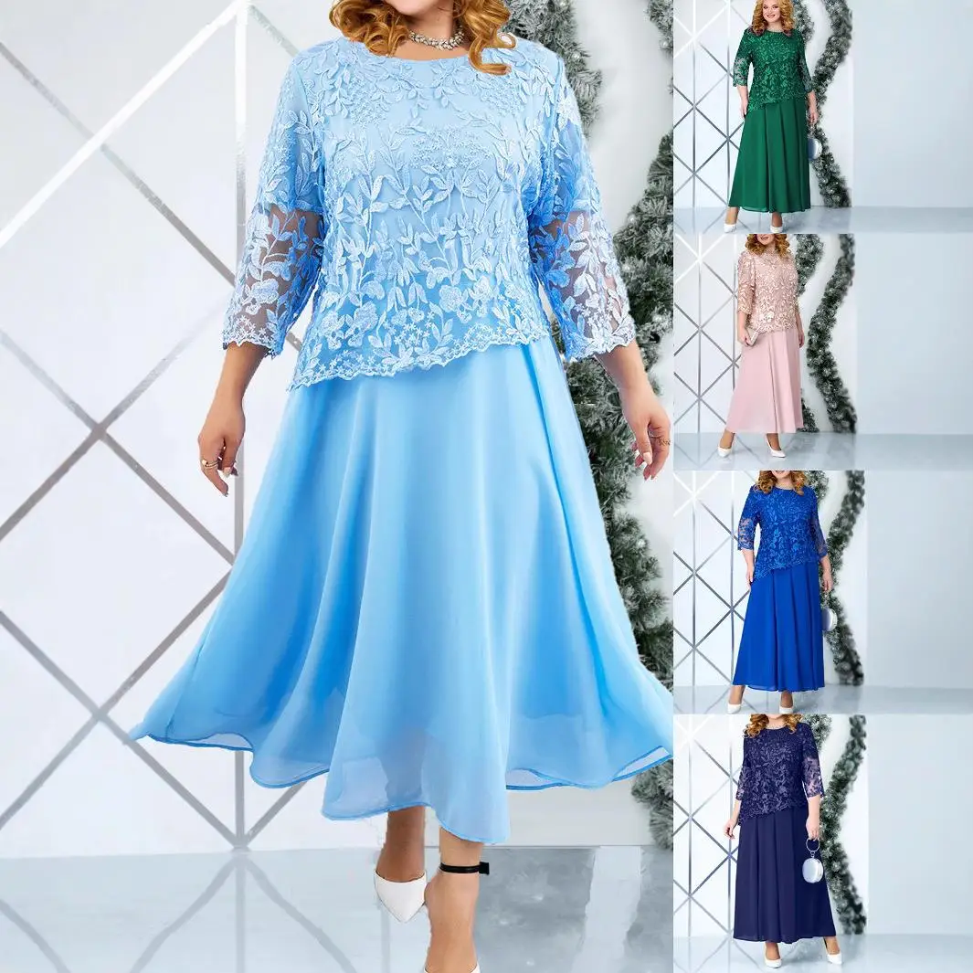 

Cross-Border Large Size Women's Soluble Embroidered Skirt Lace Chiffon Dr Autumn Seven-Sve Soluble Lace Dr