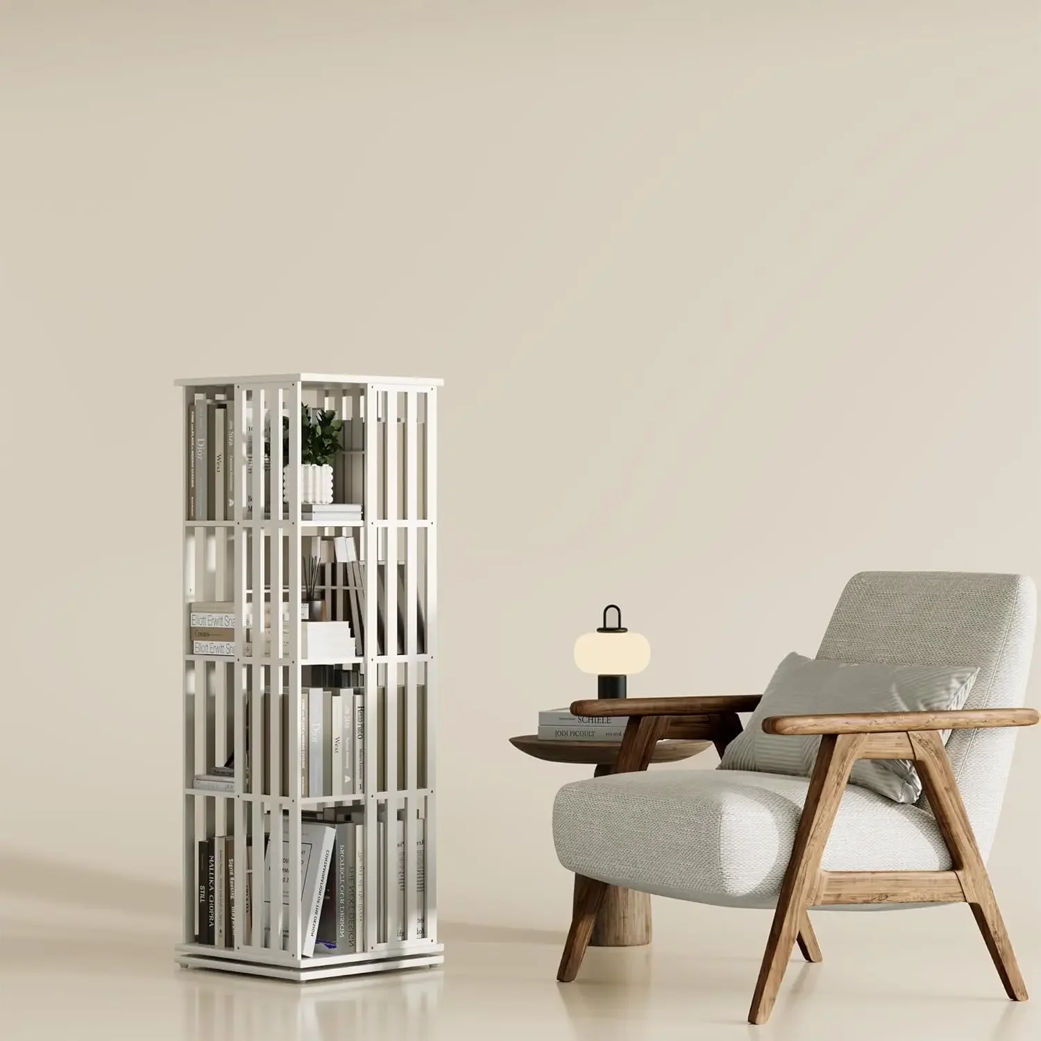YOWOS Rotating Bookshelf Tower, 360 Display Spinning Bookcase, Bamboo Bookshelf Floor Standing Storage Rack, Wood Narrow Book Sh