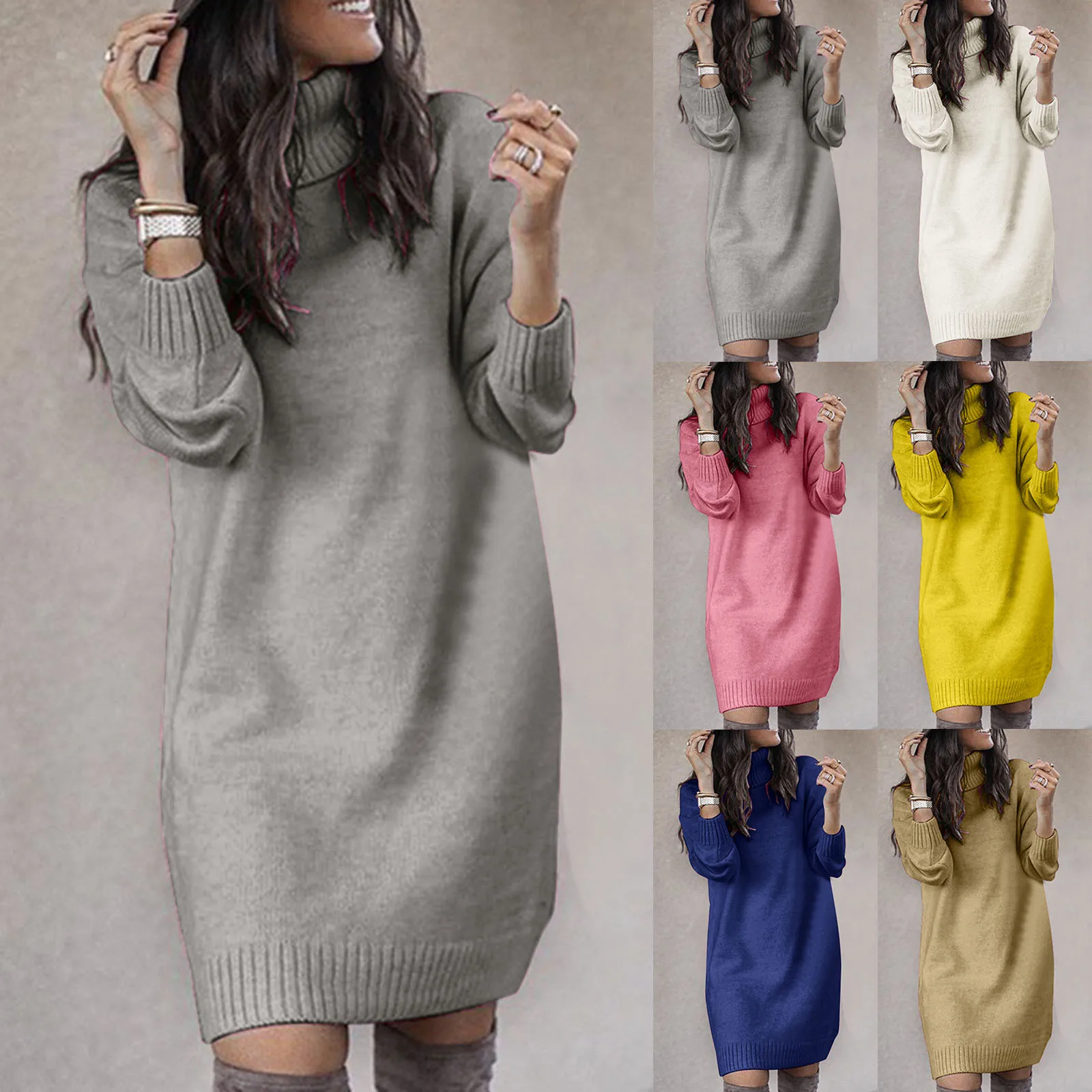 

Winter Women'S Sweater Dress Solid Color High Collar Sundress Casual Knitted Tunic Dresses Cold Weather Clothes Vestido Feminin