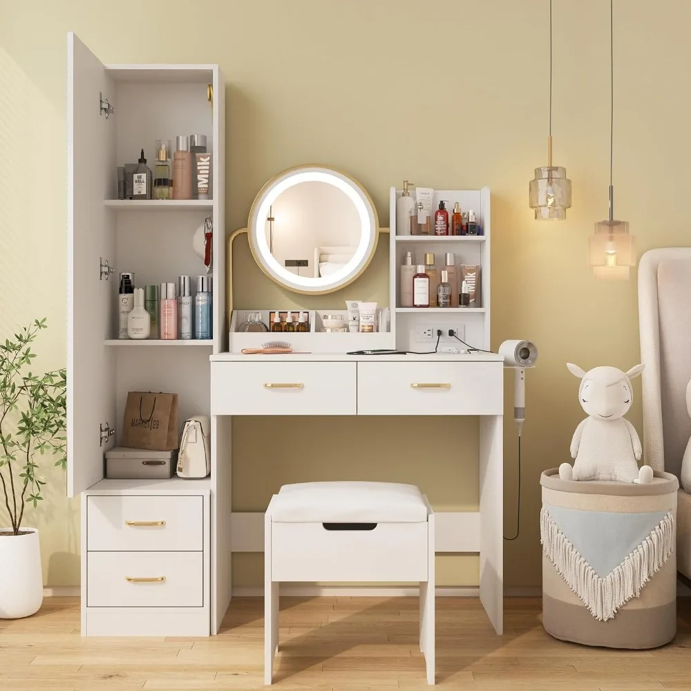 White Vanity Desk with Mirror and Lights & Full Length Mirror, Vanity Mirror with Lights Desk and Chair & Charging Station