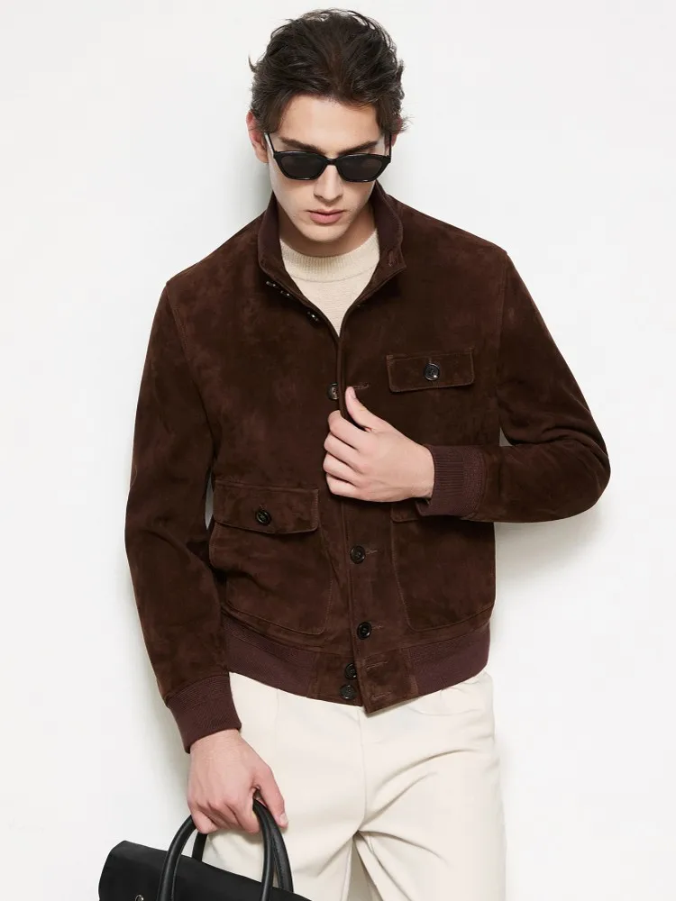 Luxury Mens Genuine Leather Coat Male Natural Sheep Suede Jacket Single Breasted Stand Collar Slim Autumn Windproof Outerwear