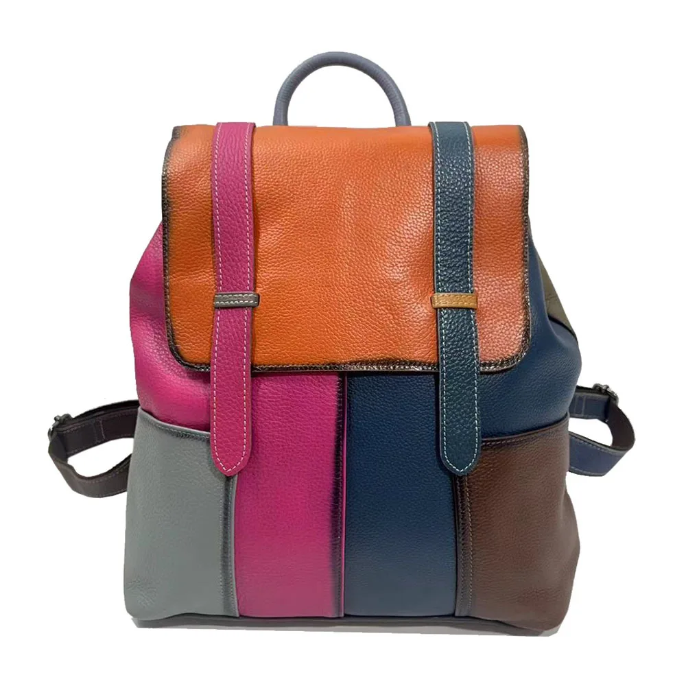 Patchwork Genuine Leather Backpack Men or Women Vintage Real Cow Leather Double Shoulder Bag Large Cowhide Travel School Bagss