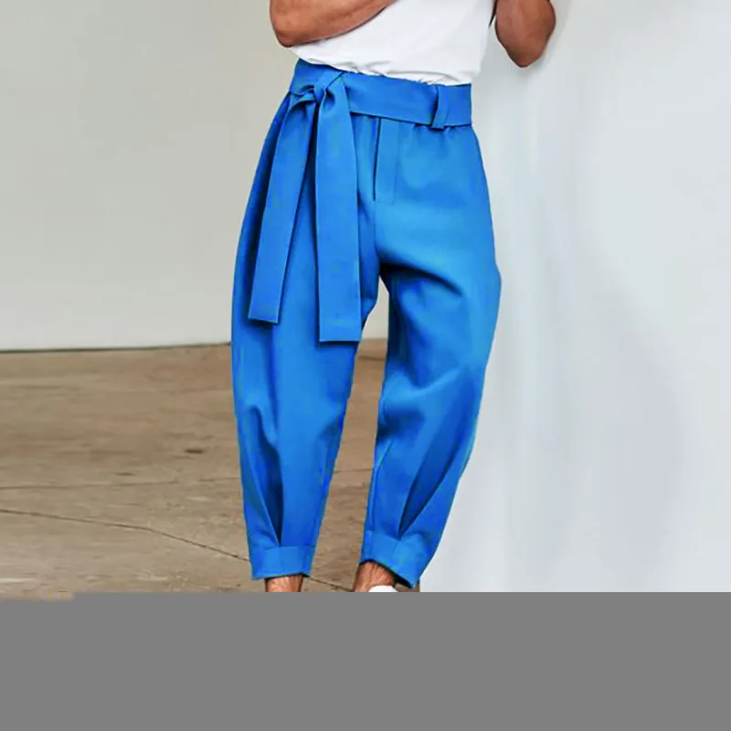 Spring Men's Loose Solid Color 9/10 Pants Belt Drawstring Casual Pants Baggy Harem Pants Design Beach Vacation Trousers Trendy