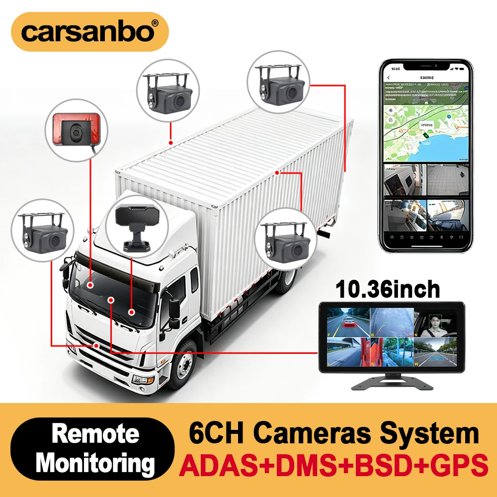 Carsanbo For Bus Truck 6CH BSD Blind Spot Detection System 4PCS Cameras And 1 ADAS Camera 1 DMS Camera 10.36 Inch Monitor System