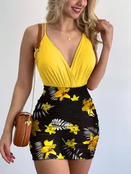 Sexy Suspender Deep V-neck Women's Suit Floral Print Sleeveless Casual Bag Hip Skirt Summer Women's Short Skirt Two-piece Set