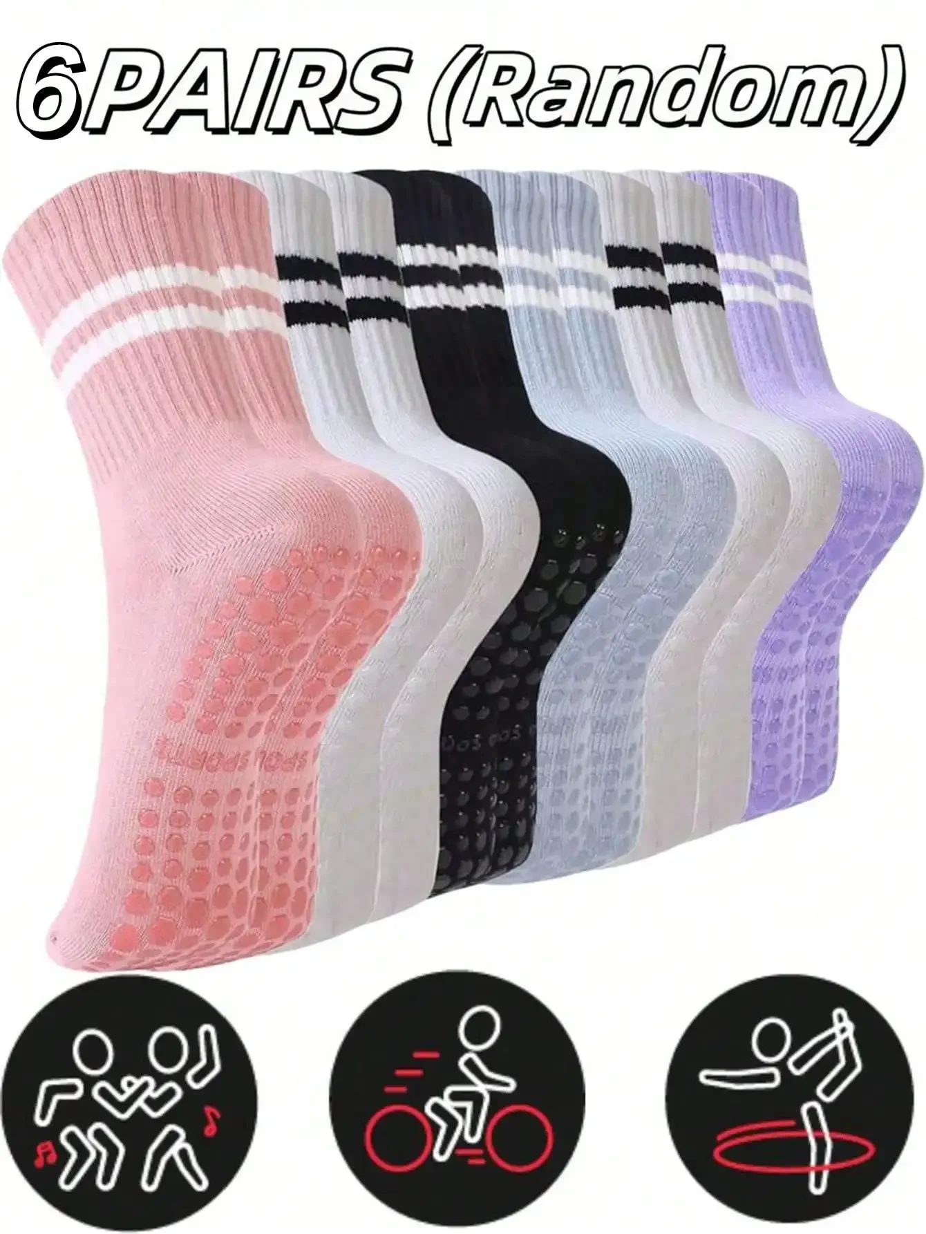 6 Pairs Of Women's Sports Yoga Mid Tube Socks, Anti Slip Pilates Socks, Grip, Anti Slip Stripes, Yoga Fitness Suitable For Ballet Hospitals To Wear
