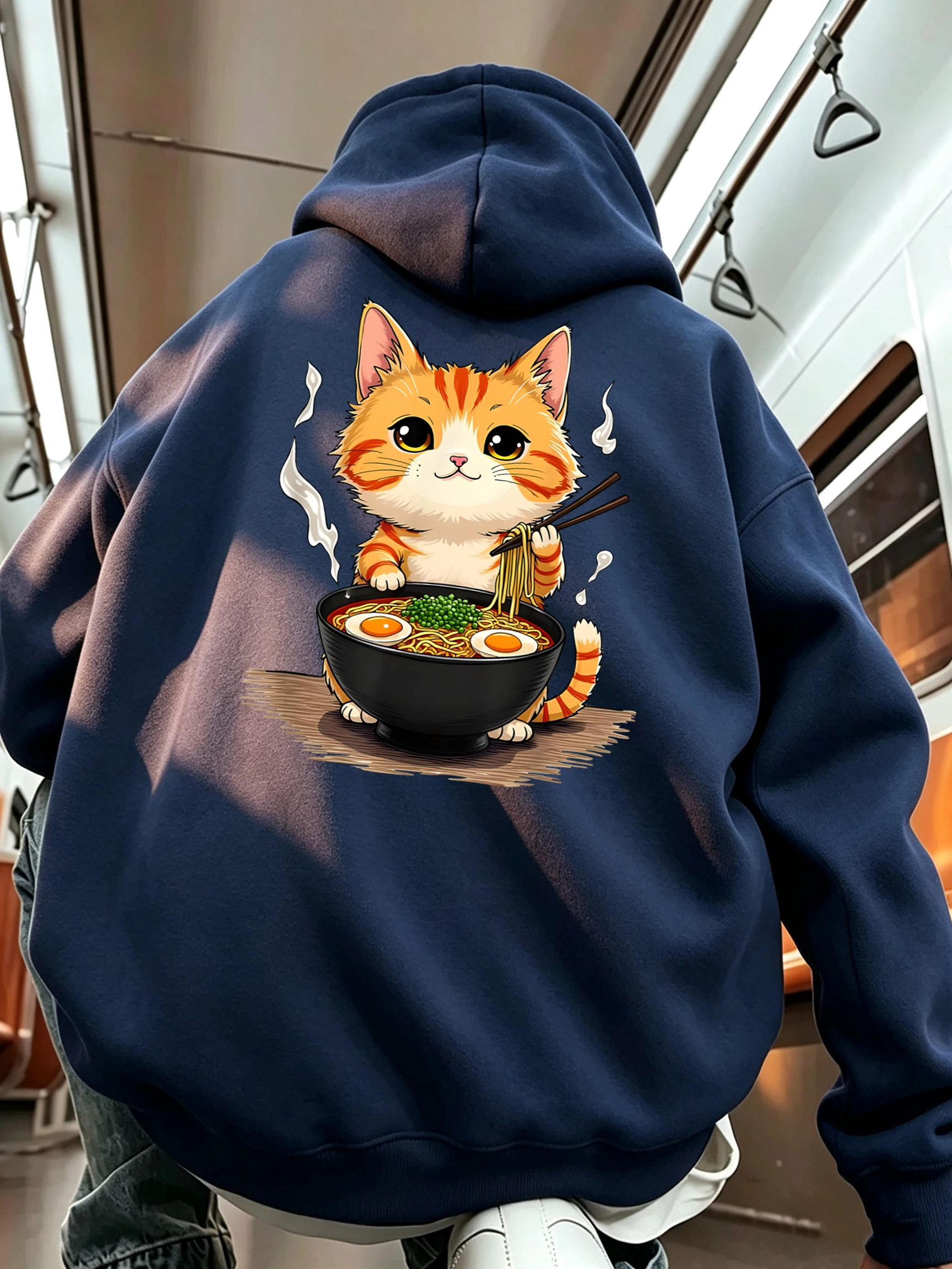 Kitten Who Likes To Eat Lamian Noodles Print Men Basic Hoodie Korean Pocket Top All-Match Casual Sportswears Fleece Soft Clothes