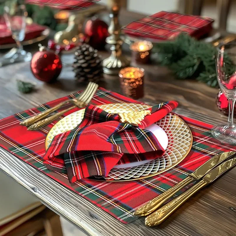 

12pcs Table Napkin Christmas Soft Scottish Tartan Plaid Cloth Napkins Handkerchief Classsic Red Dinner Napkins Festive Decor