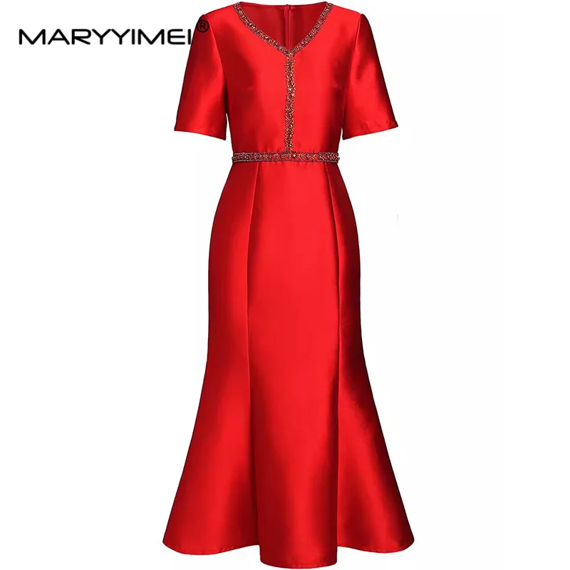 

MARYYIMEI New Fashion Runway Designer Dress Women's V-Neck Short-Sleeved Beading Pretty Slim-Fit Hip Wrap Mermaid Dresses