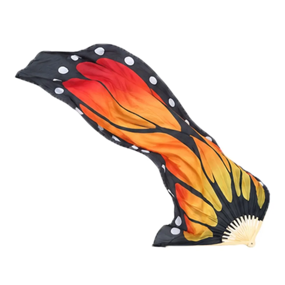 Silk Fabric Butterfly Wing Dance Fans Bamboo Frame Gradient Orange Print Silk Fan Veils Lightweight Flowing Dance Fan Wings