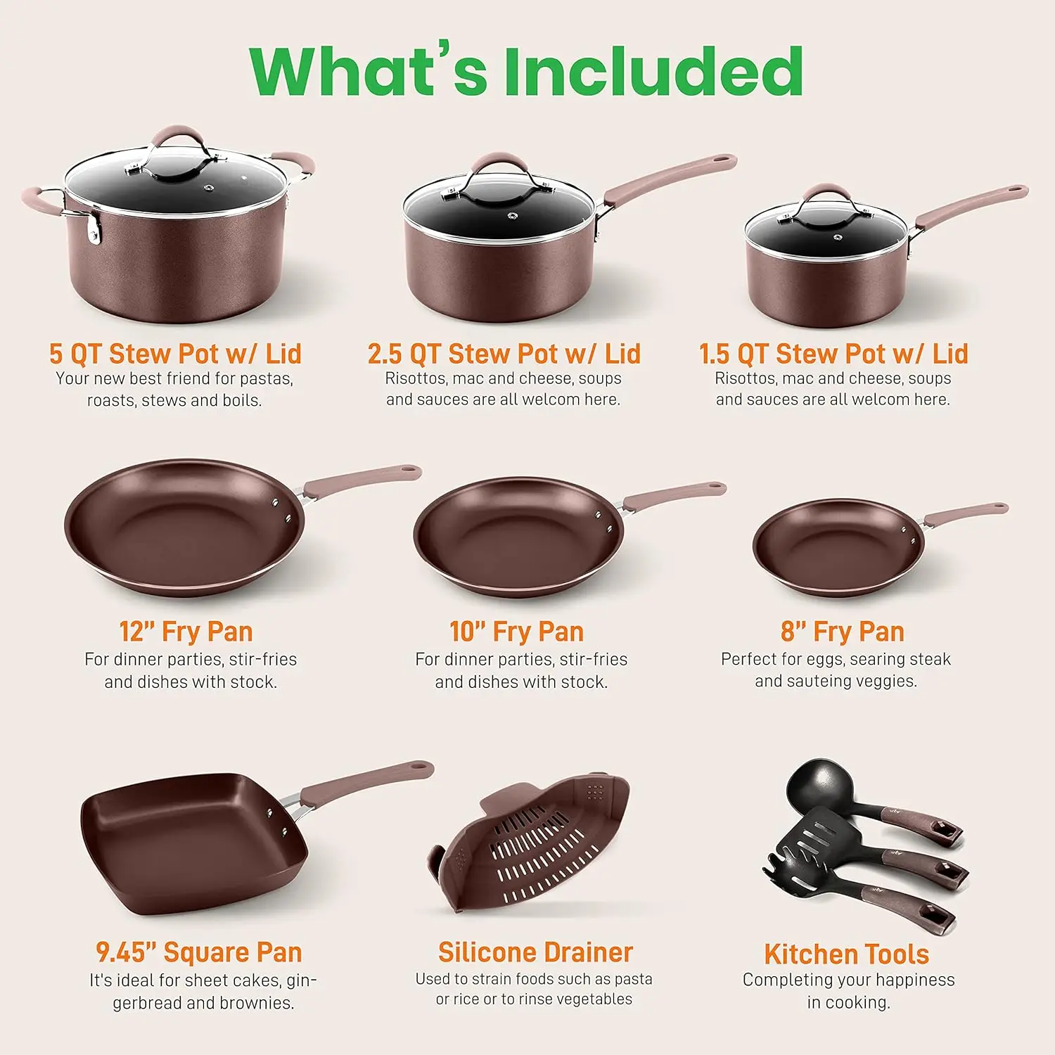 14-Piece Nonstick Brown Cookware Set Scratch-Resistant Kitchen Pots and Pans with Lids & Utensils for All Cooktops