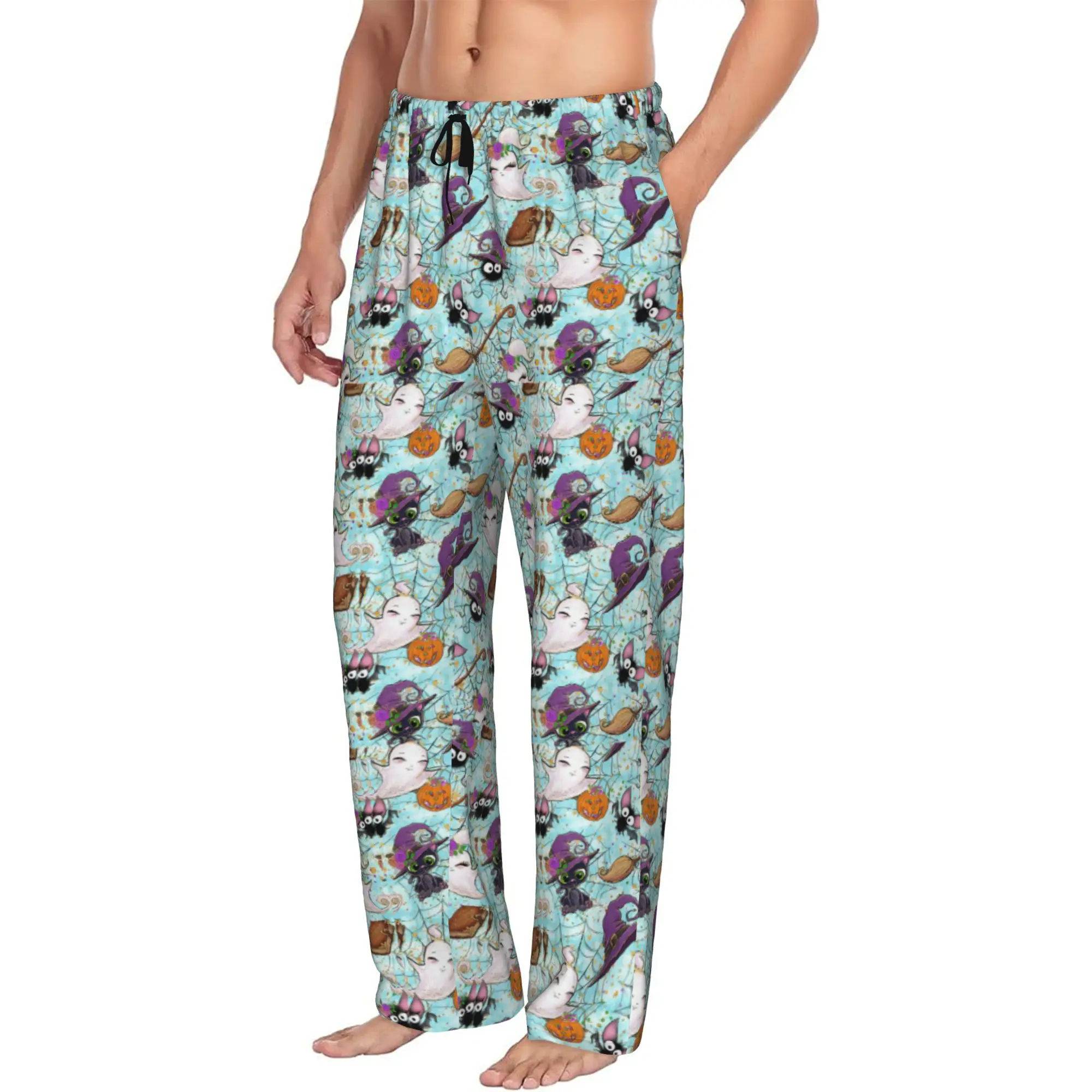 Custom Halloween Skull Pattern Spooky Bats Pajama Pants Men's  Lounge Sleep Drawstring Sleepwear Bottoms with Pockets