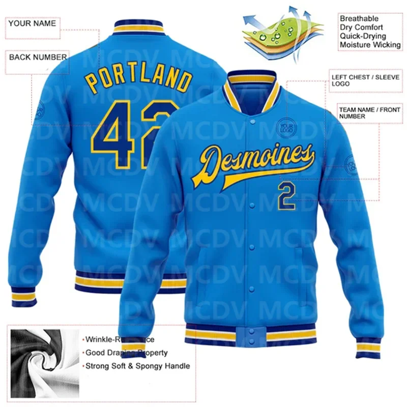 Custom Electric Blue Royal-Yellow Bomber Full-Snap Varsity Letterman Jacket