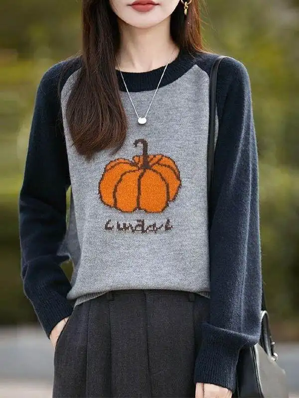 Loose Women's Knitted Sweater round Neck Overhead Small Pumpkin Pattern Autumn Winter Atmosphere Match All Knitted Sweater Top