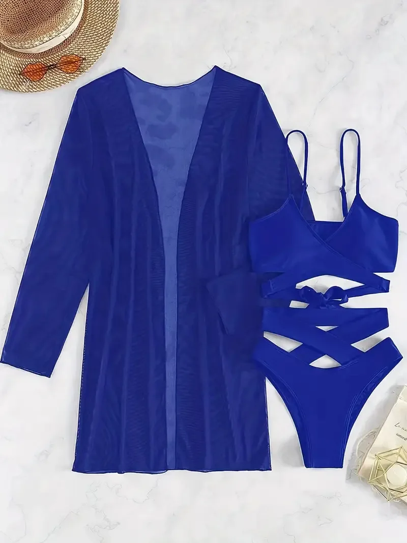 New In Matching Sets Cover-Ups Swimsuit With 3pcs Coat Burkini Brazilian Thongs  Bikini 2024 Women Beach Clothes Separate 3 Pcs