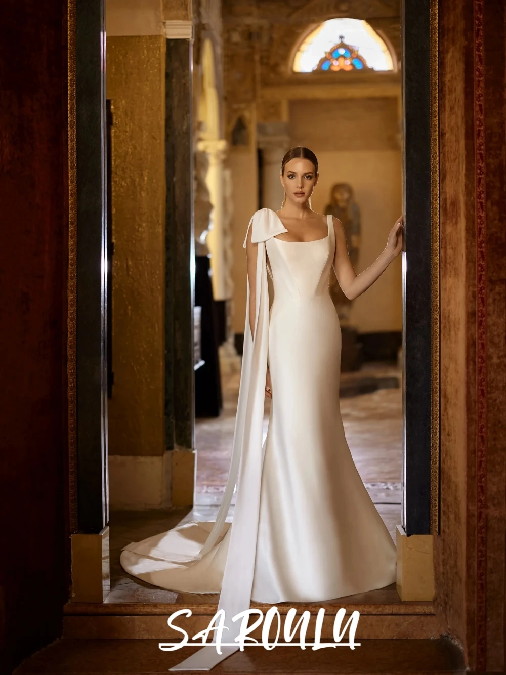 

Timeless Flowy Satin Mermaid Wedding Dress With Bow Customized Simple Romantic Sleeveless Zipper Back Floor-length Bridal Gown