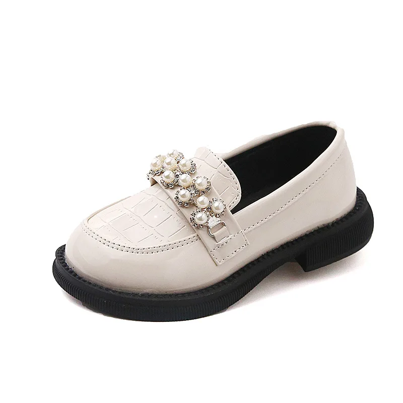 2022 Spring & Autumn New Kids Leather Shoes Korean Style Fashion Girls Pearls Casual Princess Soft Loafers Simple Children Black