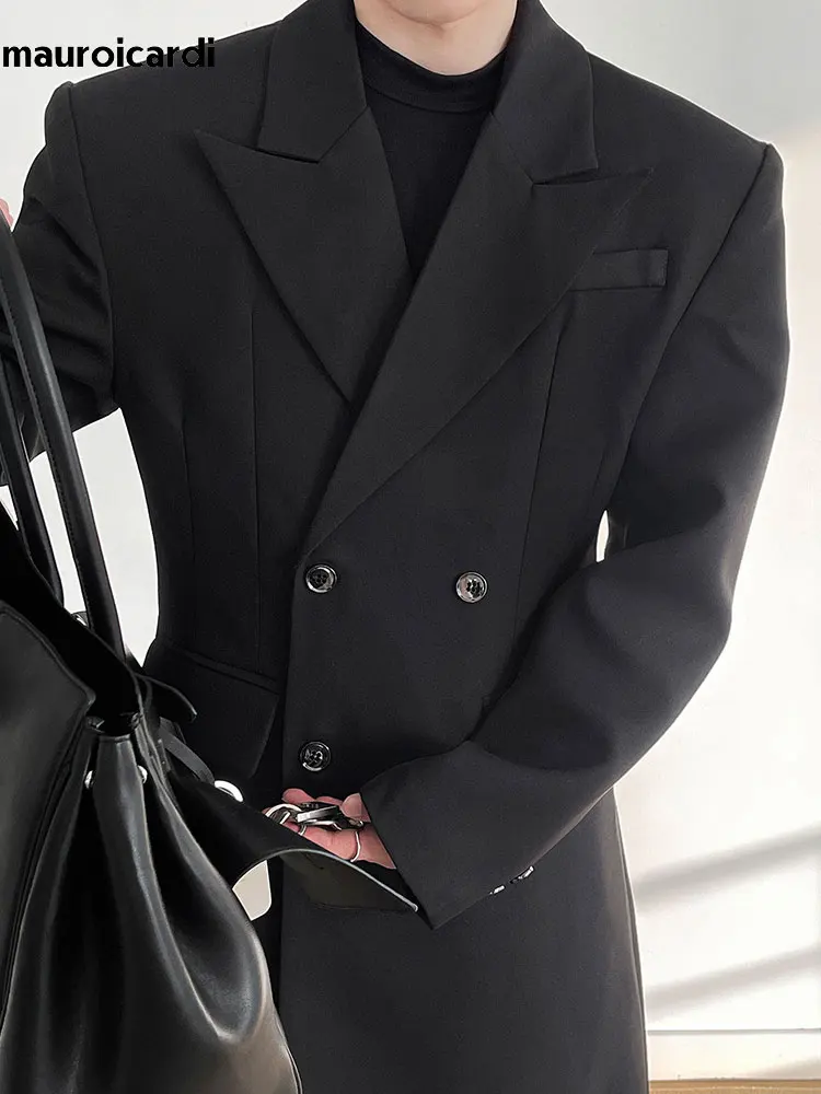 Mauroicardi Spring Autumn Long Fitted Black Trench Coat for Men Shoulder Pads Peaked Lapel Double Breasted Luxury Chic Overcoat 6 Mauroicardi Spring Autumn Long Fitted Black Trench Coat for Men Shoulder Pads Peaked Lapel Double Breasted Luxury Chic Overcoat 6
