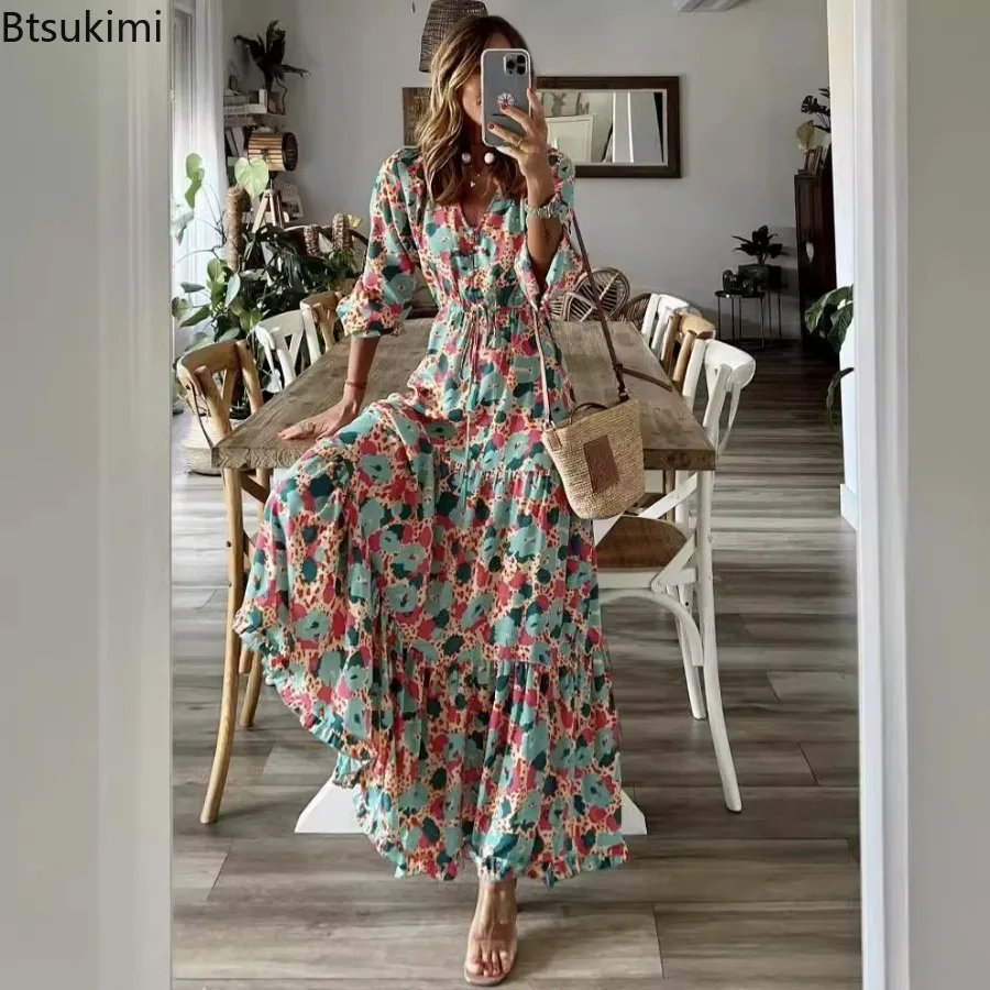 Vestido playero con estampado Floral para mujer, cuello en V elegante con túnica, manga 2024, estilo bohemio, ideal para vacaciones de verano, novedad de 3/4