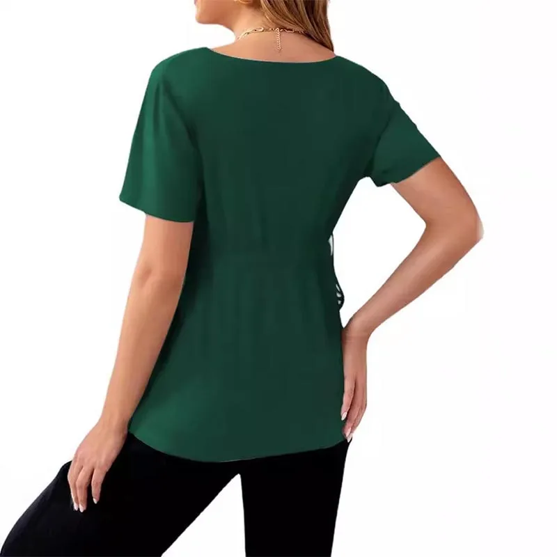 Top largo de maternidad para mujer embarazada, camisa de manga corta con cuello en V, cintura alta con cordón, bordado dulce, vestido de baile, blusa de verano