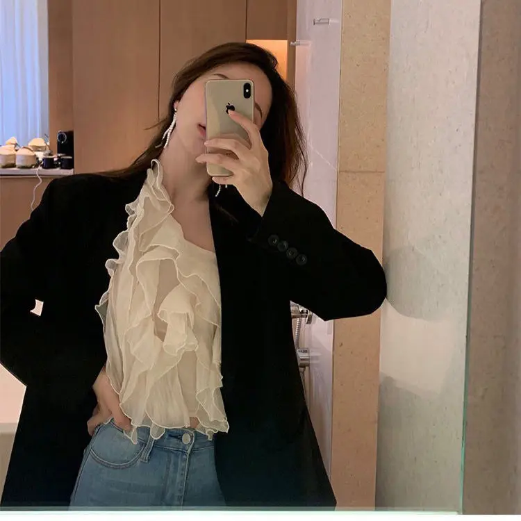 Sexy Women Chiffon Ruffled Shirts Slanted Shoulder Stitching Pleated Blouses Ins Skew Collar Lotus Crop Corset Top Blusas Mujer