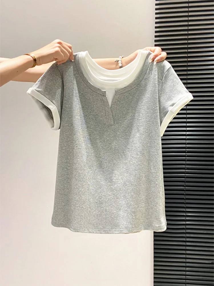 Color Block round Neck Short Sleeve T-Shirt Women's Summer New Korean Design Slimming Versatile Top Skin Friendly Breathable