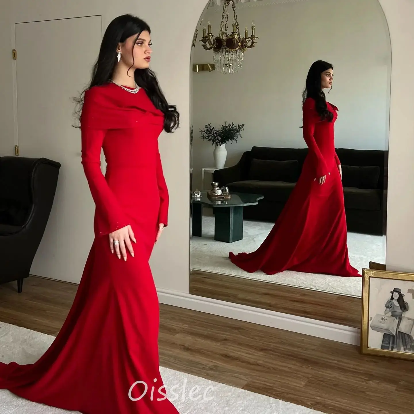 

Oisslec Red Beaded Evening Dress Pleated Mermaid Prom Dresses Long Sleeves Elegant Special Dress Floor Length Vestidos De Gala