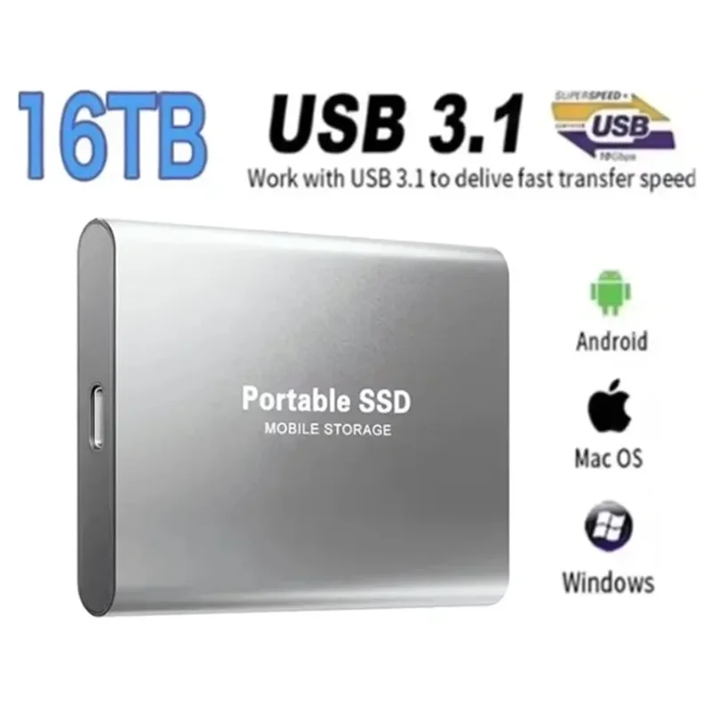 

Внешний жесткий диск Портативный SSD 16 ТБ Внешний твердотельный накопитель USB 3.0 Тип C Жесткий диск Высокоскоростное хранилище для ПК Телефон 16 15