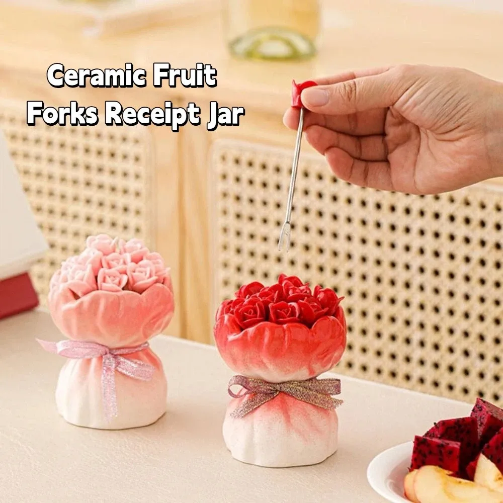 

Rose Ceramic Fruit Forks Set Creative Ins Style Ceramic Fruit Forks Receipt Jar Household Decorative Stainless Steel Fork