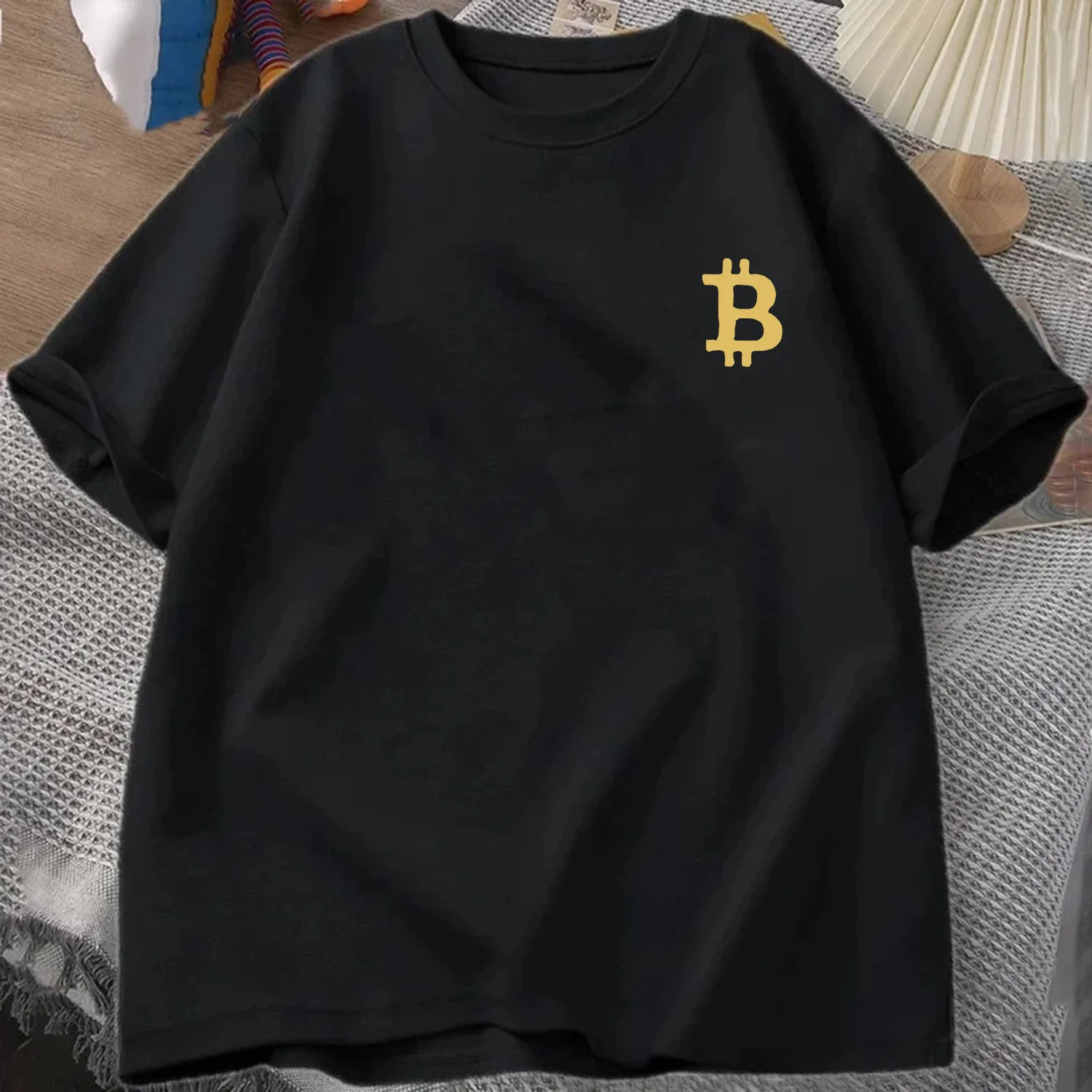 الذهبي 3D بيتكوين شعار تي شيرت الصيف الرجال Trucksuit جولة الرقبة قصيرة الأكمام قمم القطن رياضية عارضة الأزياء البلوز #1
