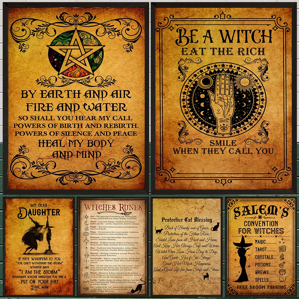 Witch House Rules And Moon Phases Meaning Vintage Wall Art Canvas Painting,Vintage Witchcraft Art Poster Print Home Decor