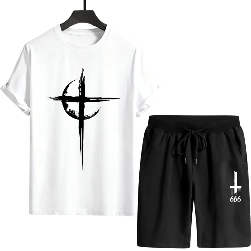 Summer Outdoor Comfort Cool T-shirts Streetwear 2pcs Set 2026 Satan Pattern Mens Tracksuit Tees + Shorts Urban Casual Sportswear