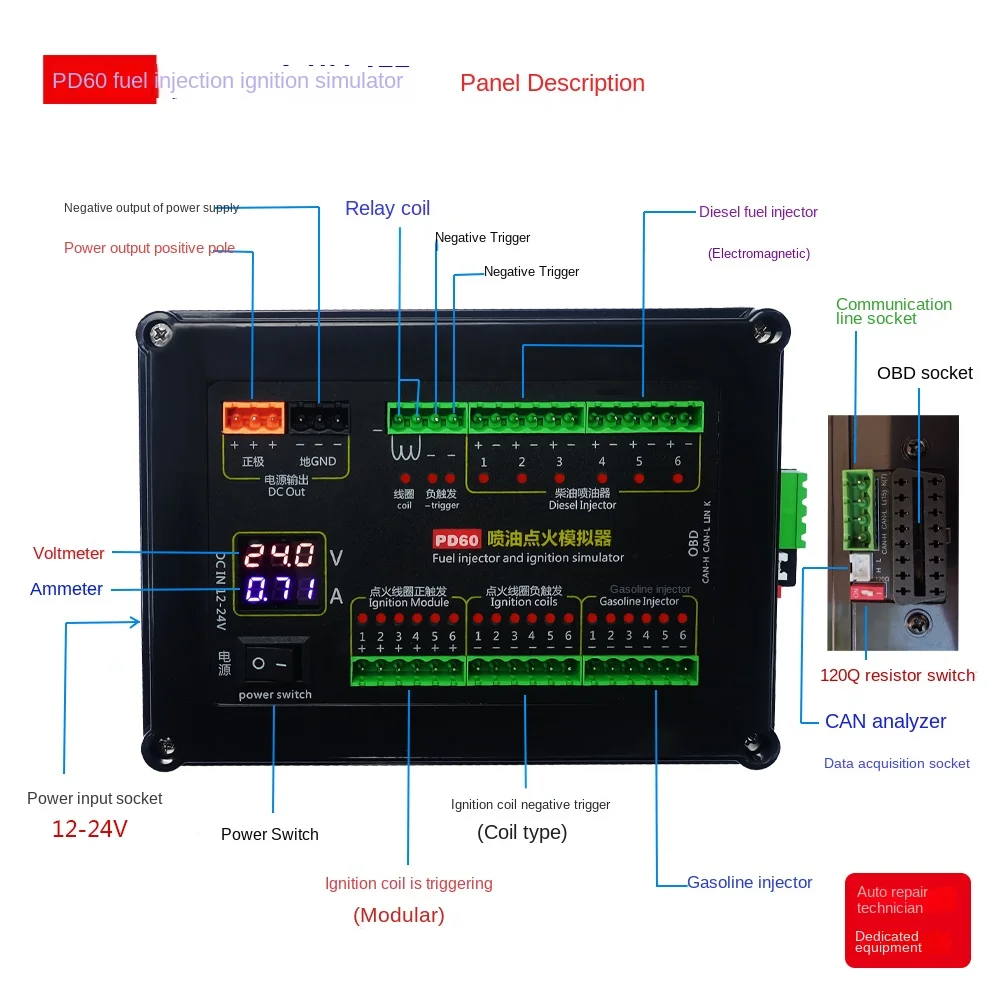 PD60+ Auto Injector Fuel Injection Ignition Simulator Gasoline and Diesel Vehicle Car Computer Board ECU Maintenance Tester