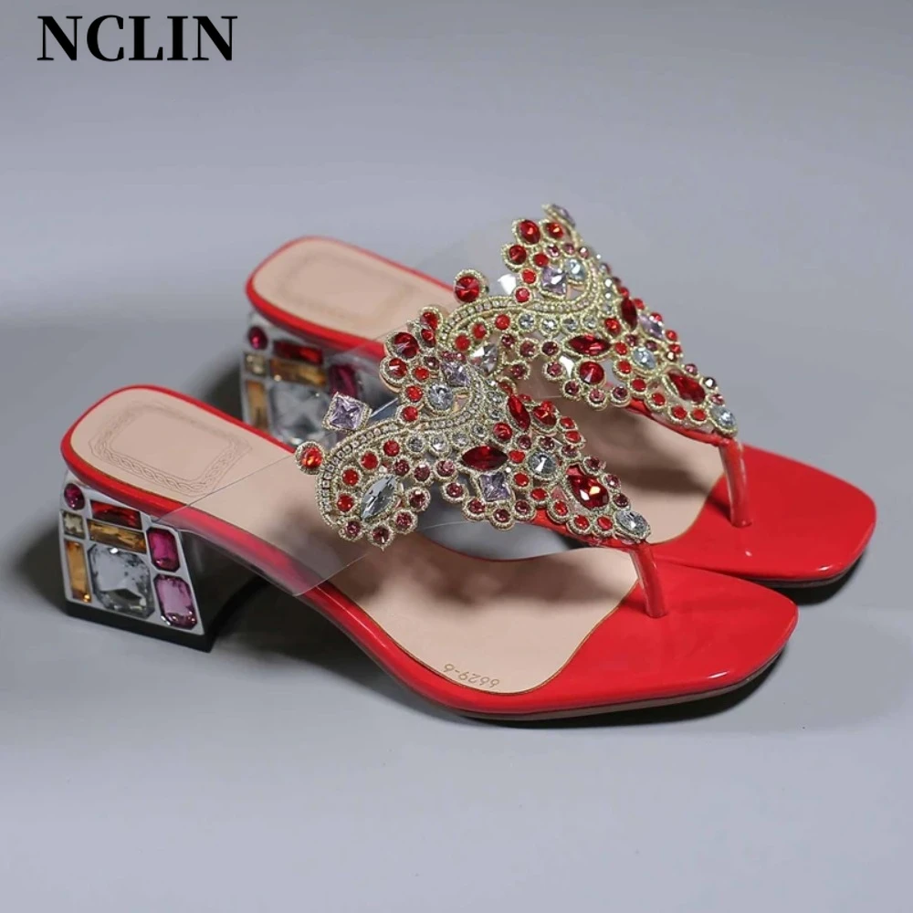 

NCLIN Genuine Leather Peep Toe Bling Art Design Heel High Heels Starry Diamond Mules Flip Flop Plus Size 43 42 Sandals