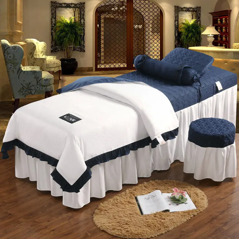 New Patchwork 4pcs Beauty Salon Bed Cover Massage Spa Bedskirt, Pillowcase, StoolCover, Dulvet Cover Beddings Sets with Hole