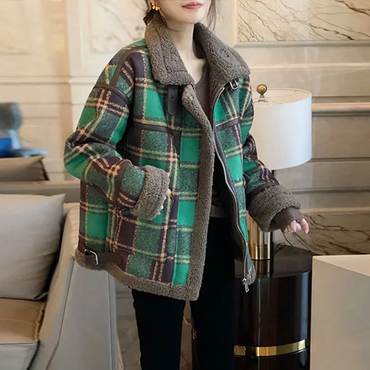 Green Patchwork Checkered Short Jacket Loose and Thick Lamb Wool Top European Station Autumn and Winter New Women's Clothing