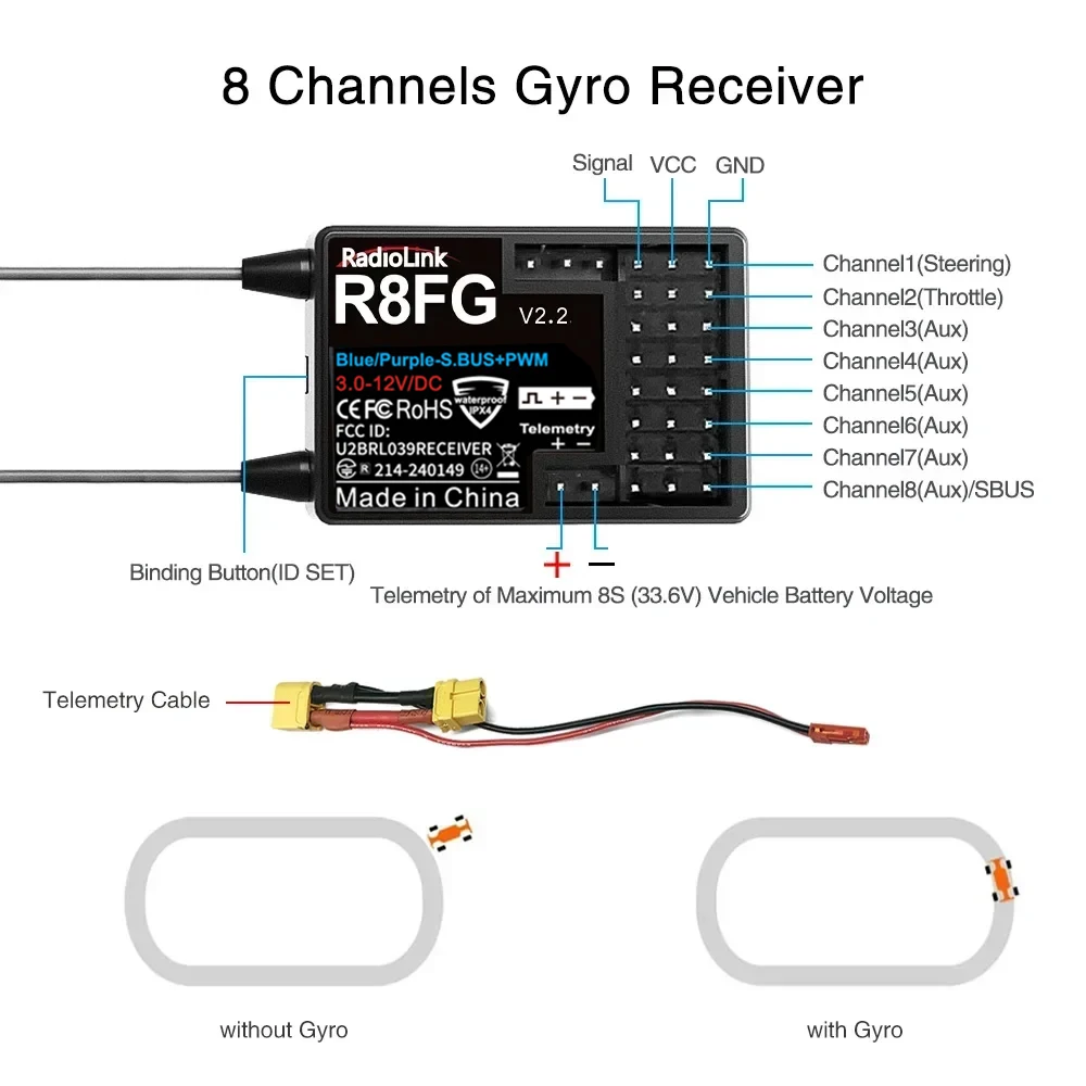Radiolink R8FG 8 Channel 2.4G Gyro RC Receiver Voltage Return RX for Long Range Boat Car RC8X RC6GS RC4GS T8S T8FB Transmitter