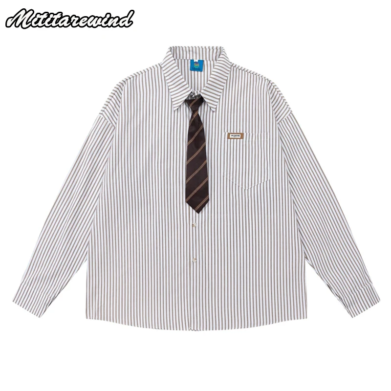 

Preppy Style Men's Shirts Long Sleeve Simple Versatile Casual Tops High Street BF Vibe Striped Shirts for Men Tie New in Shirts