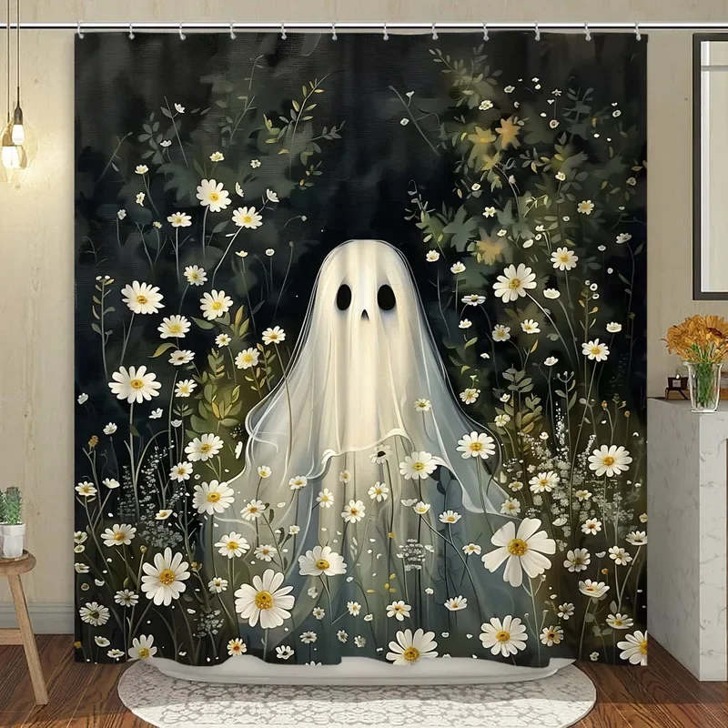 Cute Ghost Shower Curtain Cartoon Spooky Flower Plant Candle Watercolour Modern Home Polyester Fabric Bathroom Decor Curtain Set