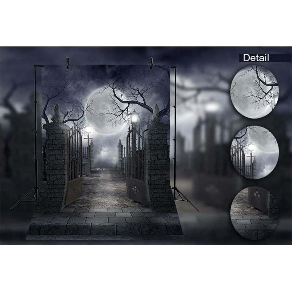 Halloween Night Door Photography Backdrop Grey Full Moon Iron Gate Ghost House Horror Cemetery Birthday Party Decor Background