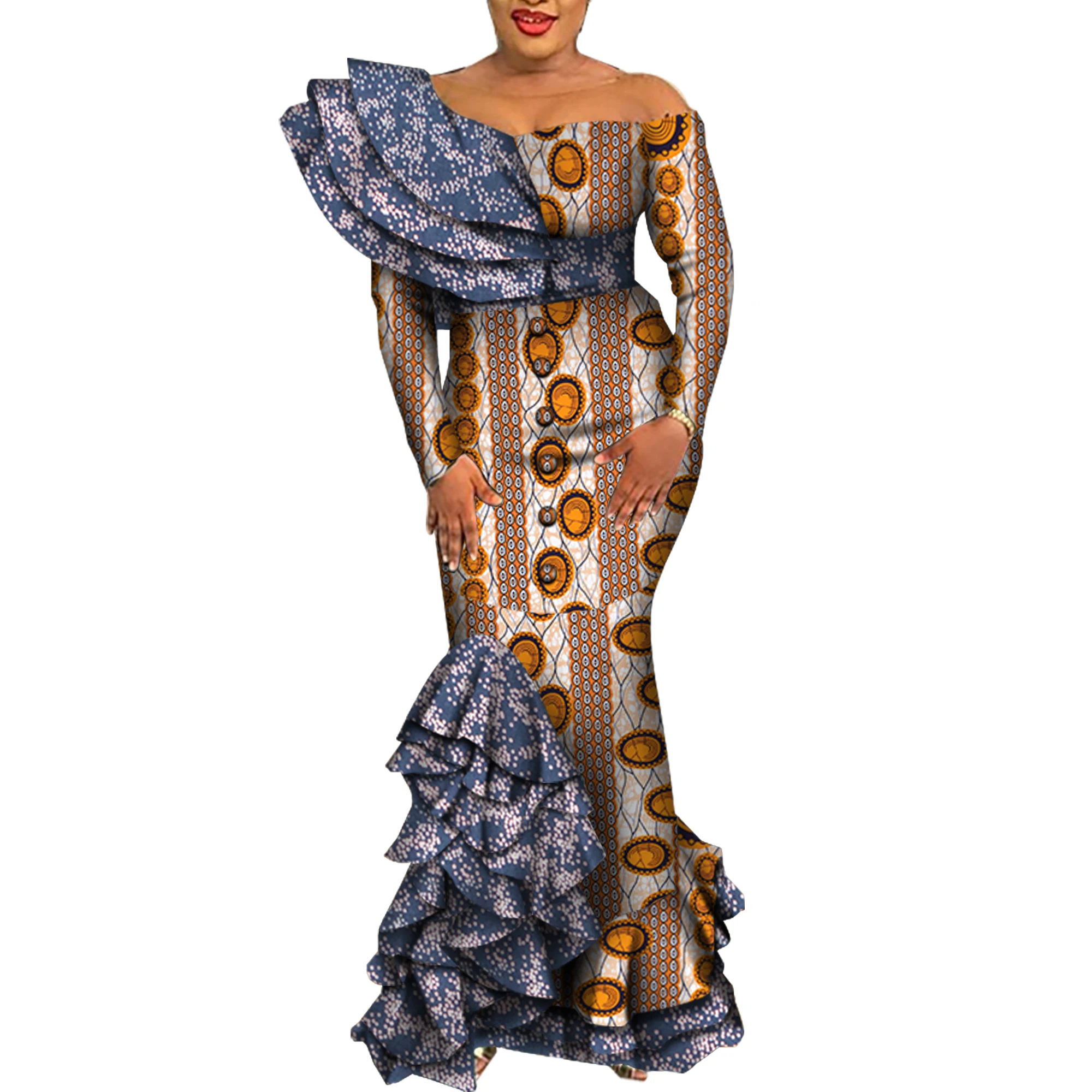 African Dresses for Women 2022 Elegant Bodycon Long Mermaid Dress Draped Ruffles African Print Dashiki Evening Dresses WY5995