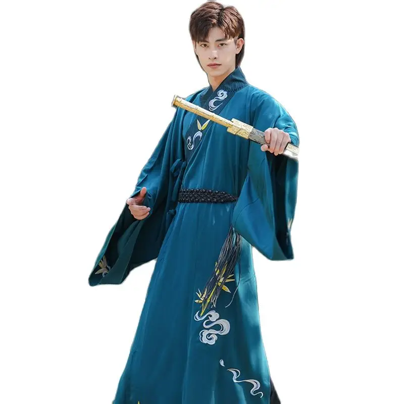 Hanfu Men's vintage Pattern embroidered tang suit long Sleeve costume blue Sets Swordsman Chinese ancient Clothes