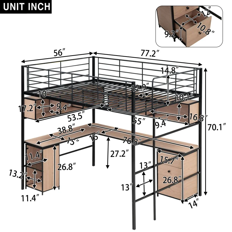 Metal Loft Bed with bookcase, desk and cabinet, Assembly required，Full size,High-quality material and solid construction