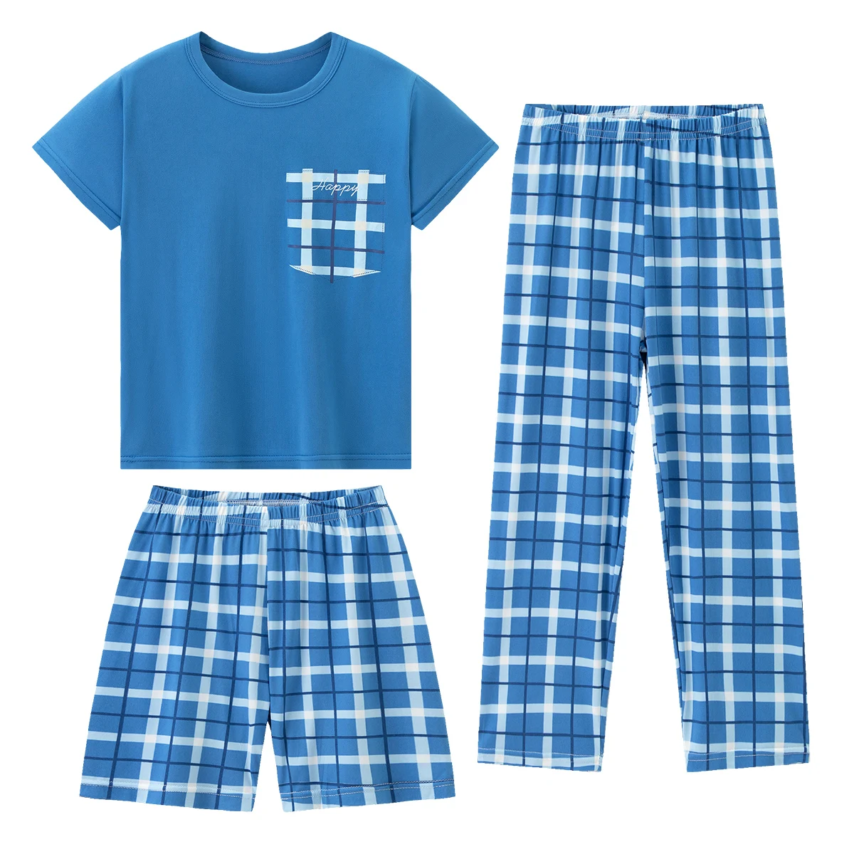 3-piece Children's Summer Plaid Multi-color Print Set For Boys And Girls Comfortable Short Sleeved Shorts Long Pants Casual Set