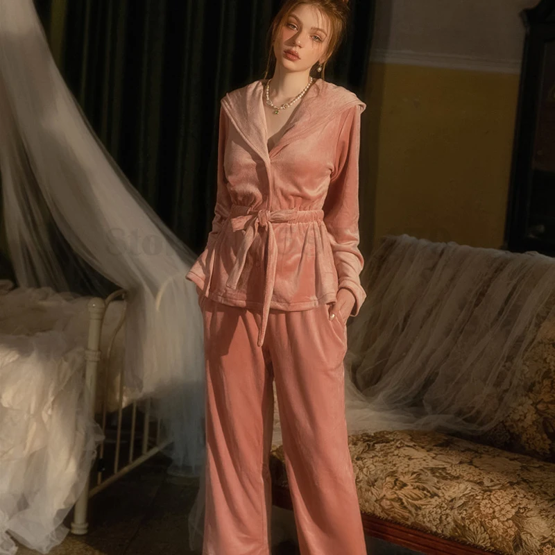 Ensemble pyjama en velours à capuche pour femme, peignoir sexy, robe kimono, vêtements de nuit doux, vêtements de maison, automne, hiver, 2024