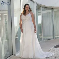 LAYOUT NICEB Spaghetti Straps V-Neck Wedding Dress Sleeveless Backless Chiffon Bride Gowns Plus Size Appliques vestidos de novia