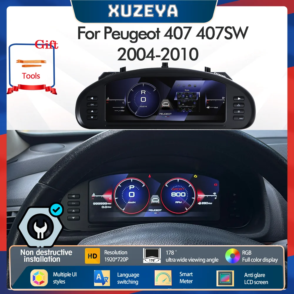 

10,3-дюймовый кластер для Peugeot 407 407SW 2004-2010, дисплей приборной панели, цифровой приборный ЖК-дисплей Linux Carplay, спидометр, тахометр