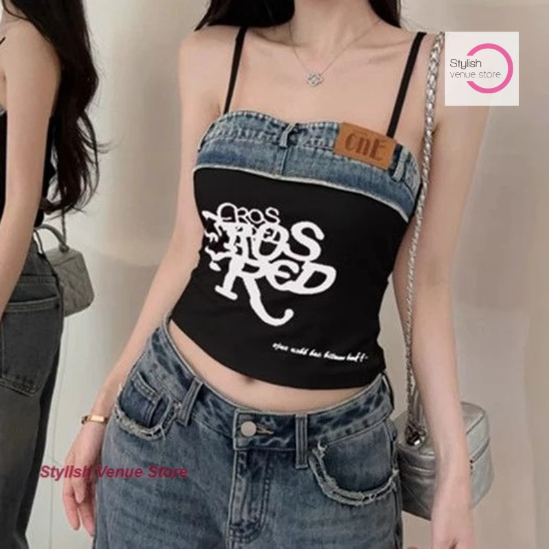 

American retro spice girl contrast color wash jeans letter splicing suspender vest female summer slim navel sleeveless top.